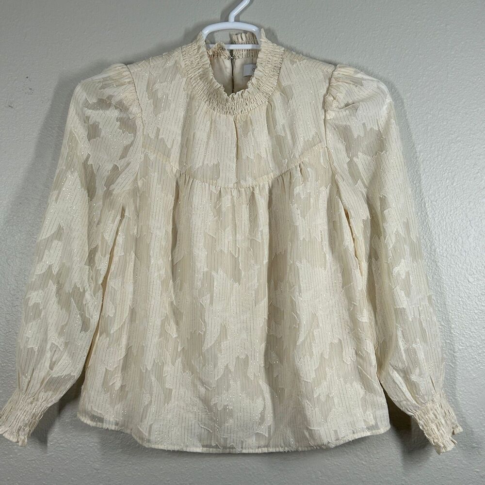 GREYLIN Blouse Womens XS Ruffle Neck Long Sleeve Ivory Metallic Floral Sheer Top